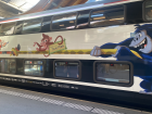 Playful animal designs signal the children's play area on the train