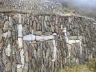 A close up of two of the dozens of stone llamas built into the eight foot tall terraces