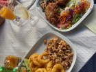 My "calamari" meal (with a side of beans, rice and salad)
