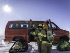 Camille and Alicia, the two IceCube winterovers, are on the fire response team. Here, they conduct a training drill (Michael Rayne, ASC/ARFF)