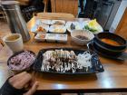 Another delicious meal - grilled meat called Samgyeopsal (삼겹살) and kimchijiggae (김치찌개) or Kimchi soup