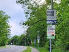 Political advertisements posted along a road, some of which make references to avoiding "global environmental disaster"