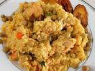 Arroz con pollo with mixed vegetables and plantains