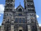 Lund cathedral, with two large towers and dark wash stone