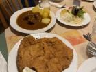 Schnitzel and beef goulash (stew) at a restaurant in Austria