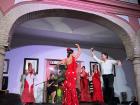 Flamenco dancers performing with castanets to traditional Spanish music