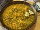 This is paella valenciana, Valencia's special paella. This is the exact pan it was served in!