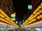 The Keelung Night Market on a busy Sunday night! The yellow lanterns that line the street are so beautiful