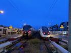 A BreizhGo regional train (left) and a TGV train (right) at the Saint-Malo train station