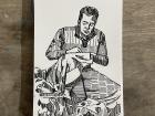 A drawing of a man patching up a hole