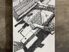 A drawing from above of a weaver working at his loom