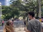 Two other Fulbrighters, Aubrey and Peter, running in the Ciclovía in Medellín