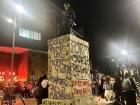 A statue of La Pola (a young spy key to Colombian independence) defaced at a feminist protest 