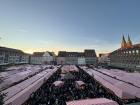 An overhead view of the main square of the Christkindlesmarkt; I am standing on the balcony of the Frauenkirche where the Christkind stands to greet visitors and open the market