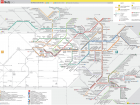 The extensive tram network in Berlin, largely concentrated in former East Berlin; the trams are the colorful lines, and the metros are the grey lines