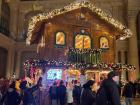 A two-story vendor at a Christmas market on Museum Island in Berlin.