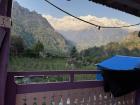 Here is the view outside my window at my homestay. They have apple trees in the font. While it was raining hard last night, the mountains became freshly coated with snow