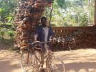 Man casually transporting a BIG load of firewood (used for cooking and heating) on the back of his bicycle like it is nothing