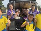 Me, my host teacher and our fifth-grade students on our way to English camp in February