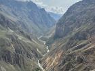 A view of the Colca Canyon showing the steep cliffs where the condors like to nest (right side)