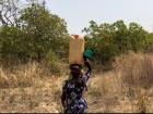 People carry water on their heads either in large jugs (as this woman is doing) or in basins and buckets