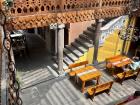 Courtyard of the Hare Krishna Center where they serve vegan almuerzos daily.