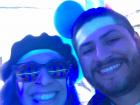 With another office friend, Sebastian, as the chiva lights flash.