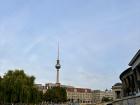 View of the famous TV tower from the Spree river in central Berlin