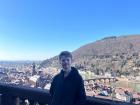 On the balcony of a palace in a nearby city called Heidelberg, overlooking the city.  