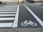 Sign at crosswalk stating that cyclists must use bike lane 