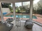 This is the sunroom and pool in their yard