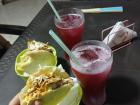 My favorite "arepas" in Plato with "jugo de corozo" (coyol nut juice)--"arepas" are also cheap options for a dinner on the town