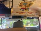 The inside of buses are decorated with stickers, religious quotes and often the names of the owners