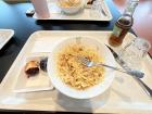 For school lunch, I had pasta with chicken, plums and peach iced tea