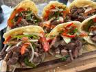 The arepas with peppers, onions and beef
