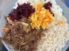 Seswaa (pulled beef) rice, beet salad, cabbage salad, paleche