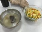 Pig's blood rice cake with soup and vegetables for lunch at school