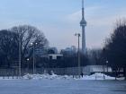 The CN Tower peaking above the frozen Trinity Bellwoods Park