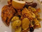 Example of a German buffet-style dinner: an assortment of pasta, bread, potatoes, meats and cheeses