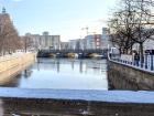 Here is what a small piece of Berlin looks like in the snow. The Spree River below the bridge is partially frozen over.