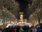 Entrance to the Main Christmas Market in Mainz, with a Rotating Wooden Sculpture of Saints in the Center