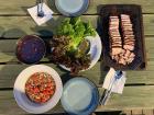 Homecooked "samgyeopsal", salad and tomatoes