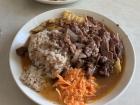 Quick lunch break food: mutton, carrot salad, rice