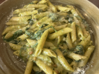 James' mom cooked pasta for dinner. Delicious!
