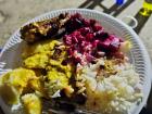 Meat, potatoes, rice, beet salad with mayo, and huancaína yellow sauce eaten at bday party