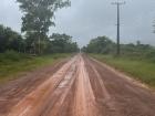 A typical dirt road surrounded by green trees and shrubbery