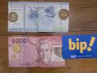 The Chilean peso, in both coin and paper, and the local Santiago bus card