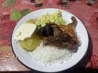 My Christmas Eve meal: Cuy, rice, potato, lettuce and cheese 