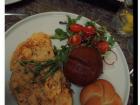 Omelet with arugula salad, white bread and wheat bread