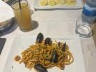Pasta with seafood and marinara sauce is not traditional, but it was good